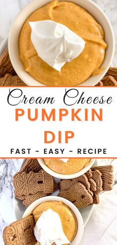 cream cheese pumpkin dip in a bowl with cookies and marshmallows on the side