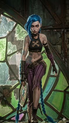 a woman with blue hair and tattoos holding a shield