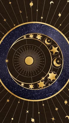 the sun, moon and stars are arranged in an intricate pattern on black paper with gold foil