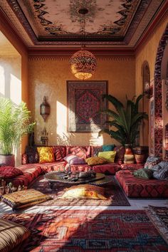 a living room filled with lots of colorful couches and rugs on top of each other