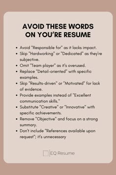 a poster with the words avoid these words on your resume