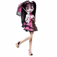 a doll is holding an umbrella and walking