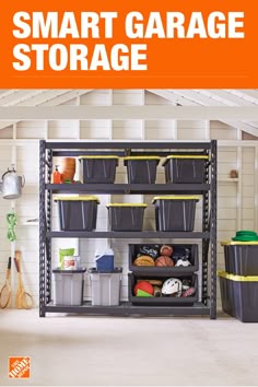 an image of a garage storage rack with buckets and other items on it for organization