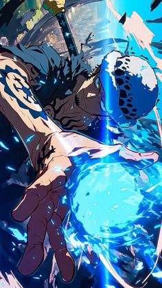 an anime character is in the water with his arm outstretched