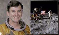 an astronaut is smiling next to the photo of him on the moon, and in his space suit