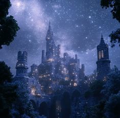 an image of a castle at night with stars in the sky