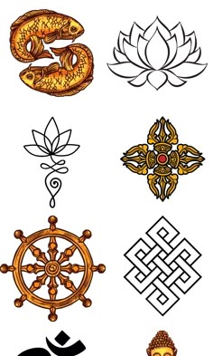 an image of different symbols that are in the shape of flowers and leaves on a white background