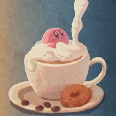 a painting of a cup filled with whipped cream next to a donut on a plate