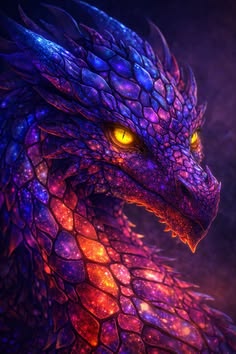 a close up of a dragon with yellow eyes and glowing colors on it's face