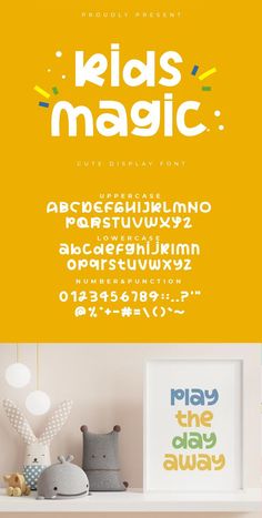 the kids's magic font and numbers are displayed on a shelf in front of a yellow background
