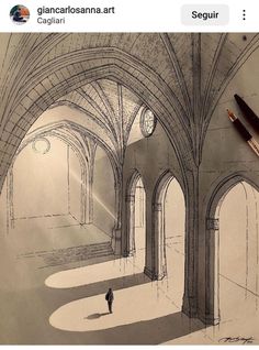 a drawing of a person standing in an old building with arches and arched doorways