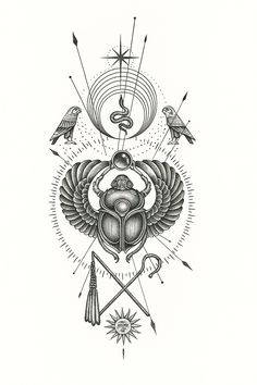 a black and white drawing of an insect surrounded by other symbols on a white background