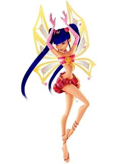 a woman in a fairy costume is flying through the air with her arms spread out