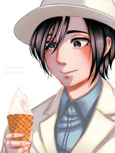 a man in a hat holding an ice cream cone