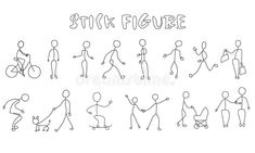 a set of cartoon stick figures with different poses and body shapes for children to draw
