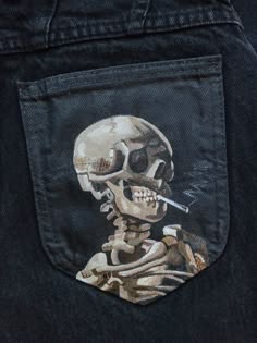 misha lare | punk 57 Skeleton Art On Clothes, Painting On Black Jeans Ideas, Painting On Black Jeans, Grunge Painted Jeans, Skeleton Painted Jeans, Black Jean Painting Ideas, Black Jeans Painting Ideas, Black Jeans Painting, Drawn On Jeans Grunge
