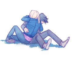 two people sitting on the ground with their arms around each other and one person holding his head