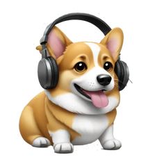 a dog with headphones on and tongue out, sitting in front of a white background