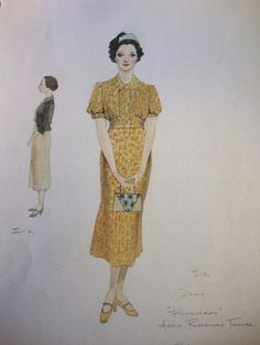 a drawing of a woman standing next to another woman wearing a yellow dress and holding a purse