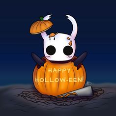 a cartoon character sitting on top of a pumpkin with a hat and knife in his hand