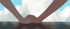 two hands holding each other in front of clouds