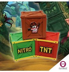 an image of cartoon characters in front of some colorful boxes with letters and numbers on them