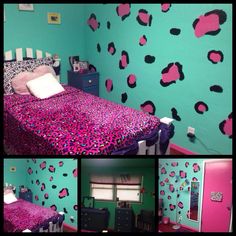 a collage of photos showing the inside of a bedroom decorated in pink and blue