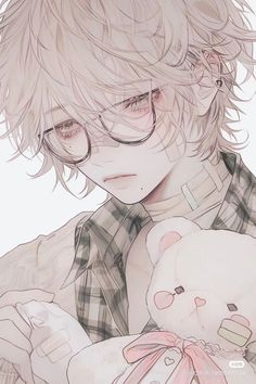 an anime character with glasses holding a teddy bear