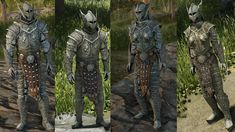 three different views of the armor worn by an individual in medieval times, with grass and bushes behind them