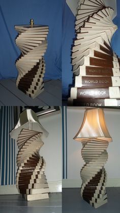 three different views of a lamp made out of book pages and books stacked on top of each other