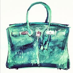 a painting of a green handbag on a white background