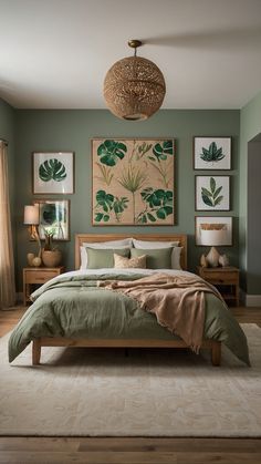 a bedroom with green walls and pictures on the wall