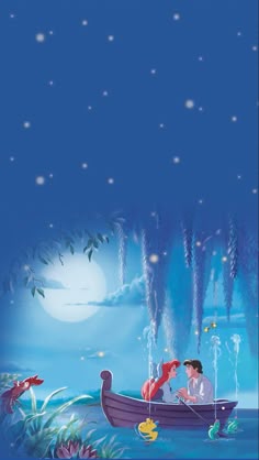 the little mermaid and prince are sitting in a boat on the water at night time