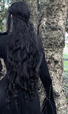 1800s Long Hair, Longest Black Hair, Long Black Hair In A Braid, Long Woman Haircut, Black Long Hair Style, Styled Black Hair, Medieval Princess Hairstyle, Long Shaggy Black Hair, Mysterious Hair