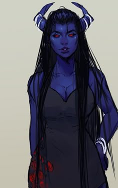 a drawing of a woman with horns on her head and long hair, wearing a black dress