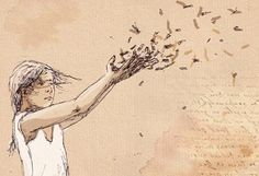 a drawing of a girl with her arms spread wide, throwing seeds into the air