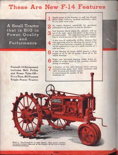 an old red tractor is shown in this advertisement