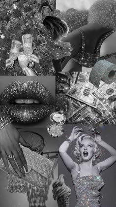 black and white collage with many different items on it, including shoes, bracelets, lipstick, handbags and jewelry