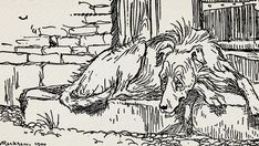 a black and white drawing of a dog laying on the ground next to a fence