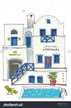 a house with blue shutters and stairs next to a swimming pool in front of it