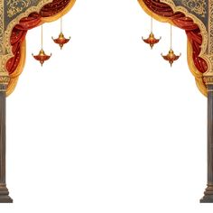 an ornate archway with red curtains and gold ornaments hanging from the sides, on a white background