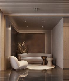 a modern living room with white furniture and marble flooring