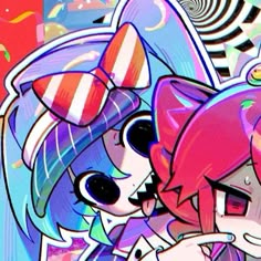 two cartoon characters standing next to each other in front of a colorful background with swirls