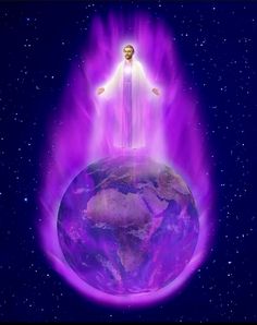 a man standing on top of a purple earth