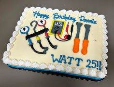 Buttercream cake for an electrician’s birthday How To Make An Electrician Cake, Electrician Cake Ideas, Electrician Birthday Cake, Electrician-themed Cake With Tools, Rectangle Cake, 1st Birthday Party Invitations, Buttercream Icing, 15th Birthday, Buttercream Cake