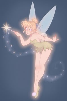 a fairy holding a sparkler in her hand and pointing at the stars on the sky
