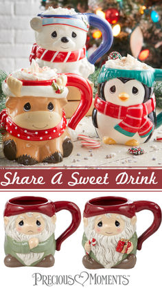 three ceramic mugs with santa and snowmen on them