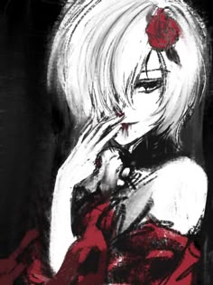a drawing of a woman with white hair and a red rose in her hair, holding her hand to her face