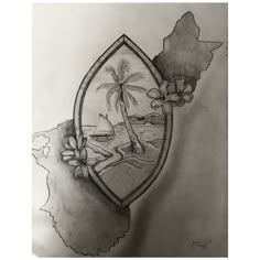 a pencil drawing of a palm tree in a shield with a beach scene behind it