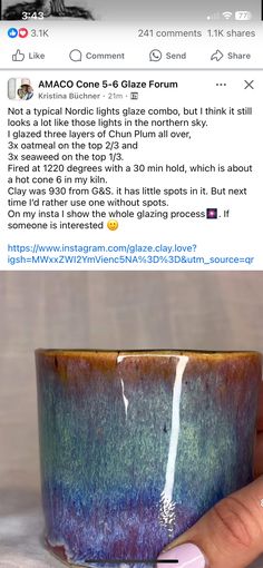 someone is holding a coffee cup with purple and blue glaze on the inside, while another one has pink nail polish